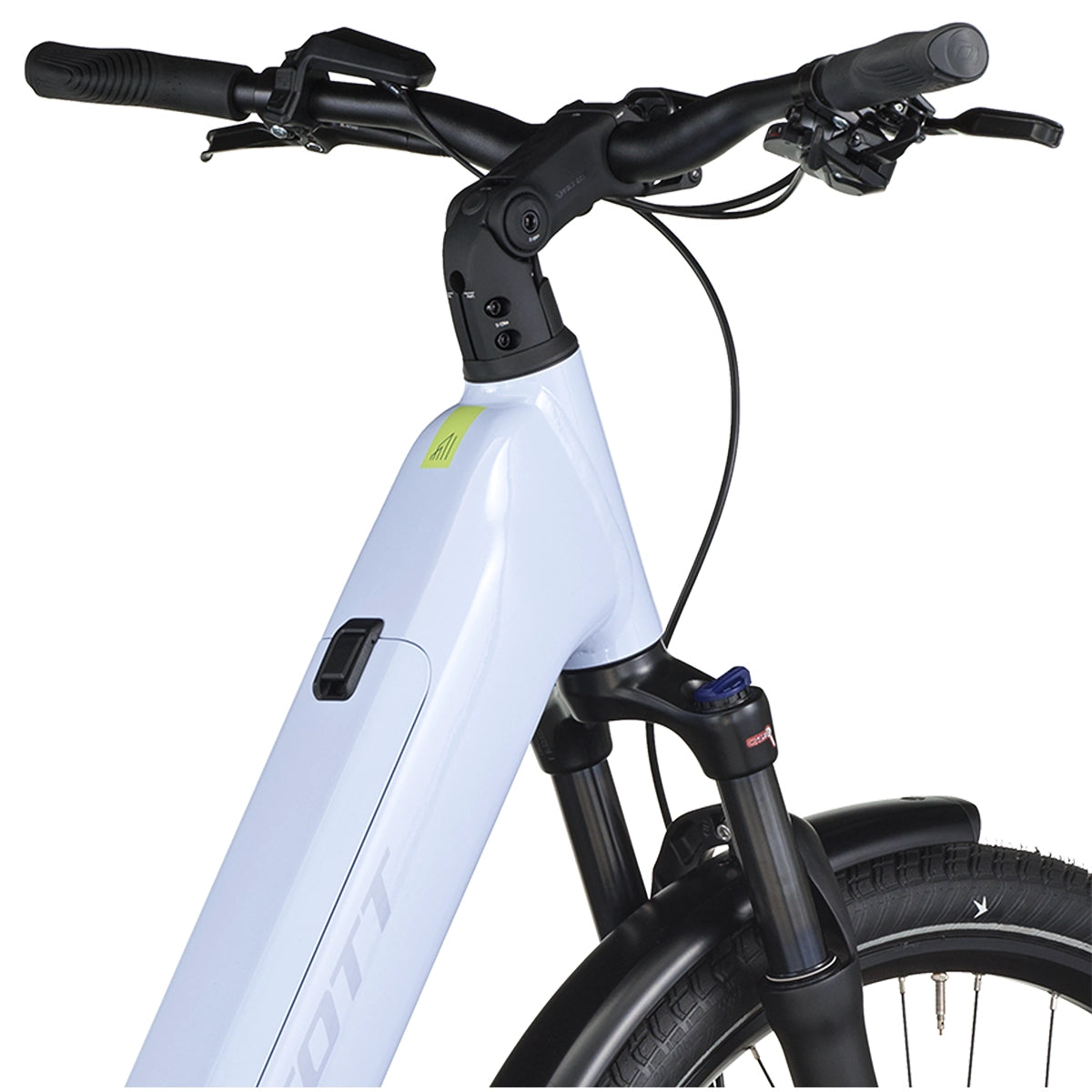 Vélo électrique Scott Sub Sport eRIDE 30 Wave 2026, détail cintre fourche suspendue, VAE urbain | Vitto'Velo