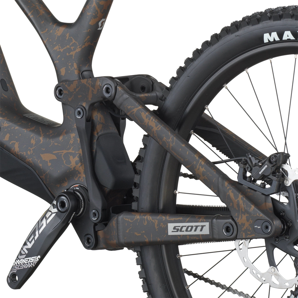 VTT DH Scott Gambler 10 2026, détail suspension arrière et transmission, descente downhill | Vitto'Velo